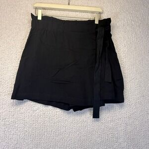 JJ Boutique Wrap Skort 100% Linen‎ Paper Bag Waist Casual Black Shorts Size L